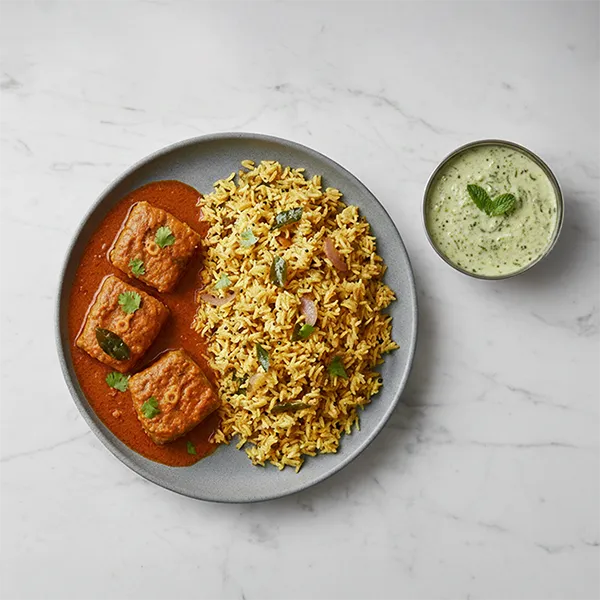 Konkani Style Fish Curry with Phodnicha Bhat & Dahi Thecha Chutney